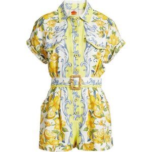Farm Rio Womens Yellow Floral Button Front Sicily Linen Belted Romper Small NWOT
